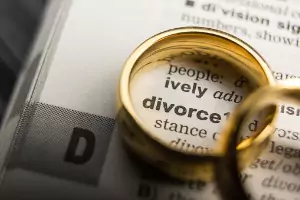 Rings sitting on the word divorce in the dictionary, a representation of Divorce Attorneys in Peoria IL