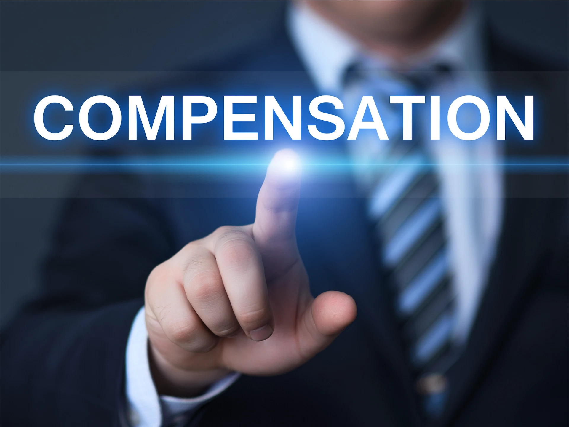 Image of Workers’ Compensation Lawyer concept showing a professional selecting compensation on a digital interface